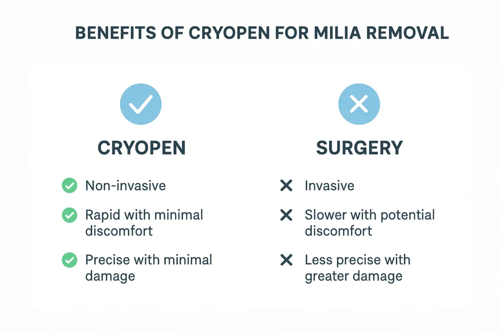 Benefits of cryopen for milia removal Guildford compared to surgical treatments.