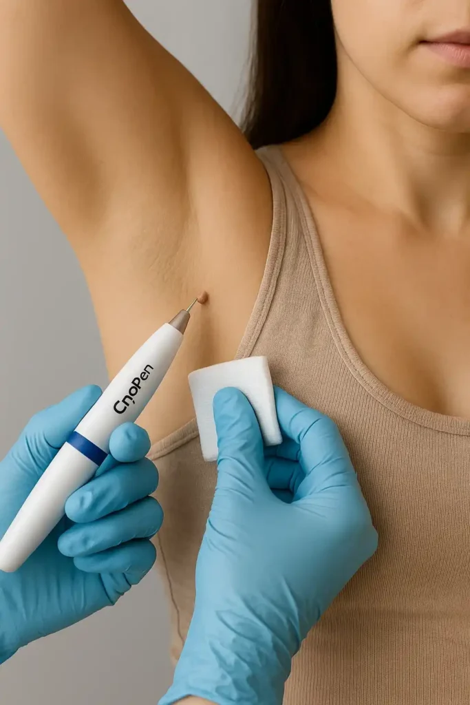woman having cryopen to remove underarm skin tags Guildford