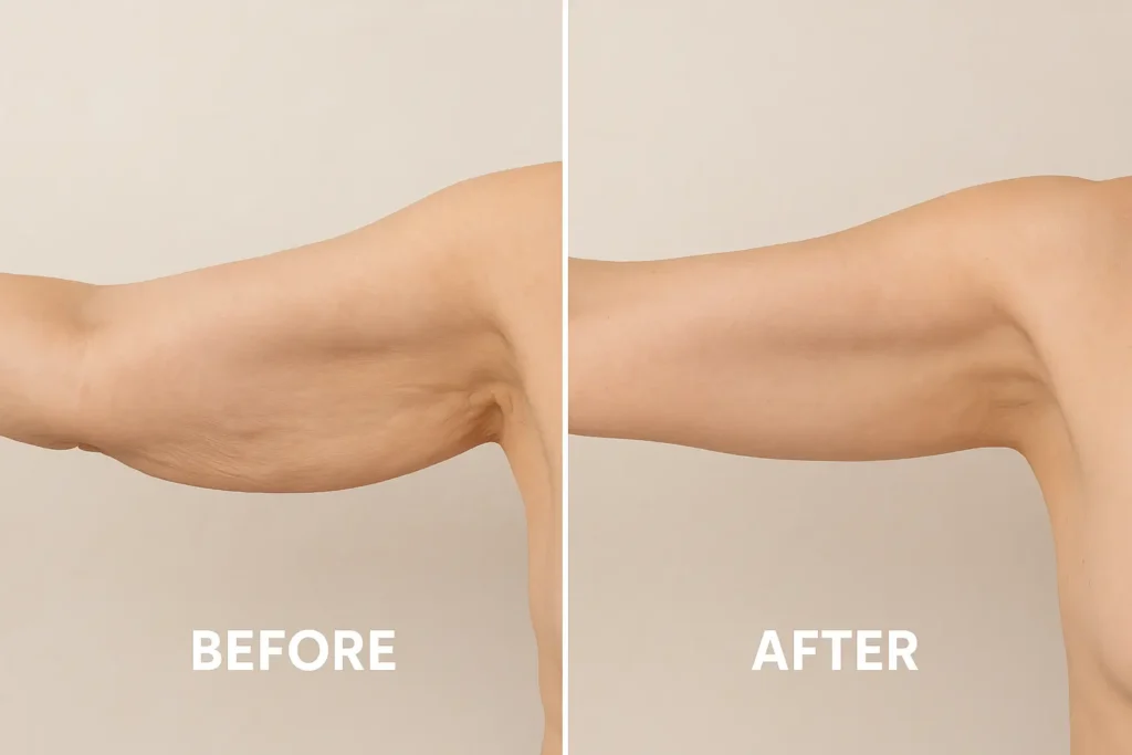 Picture of LA LIPO Guildford before and after results of skin tightening treatment on the upper arms.