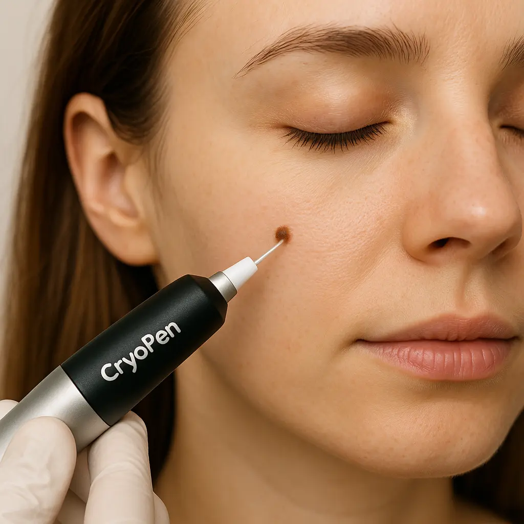 woman receiving facial mole removal Guildford using cryopen