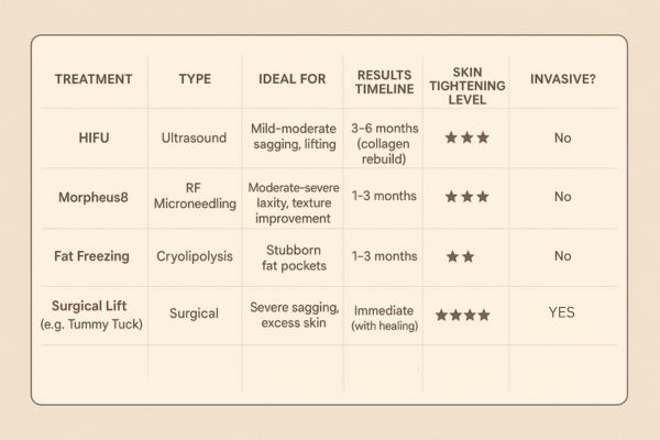 Table showing the comparisons of Skin tightening Guildford treatment options.